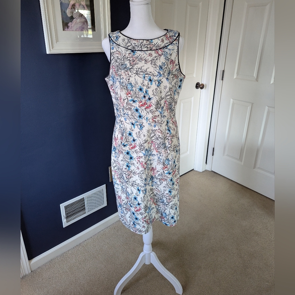 Ann Taylor White Floral Midi Dress with Blue & Pink Accents